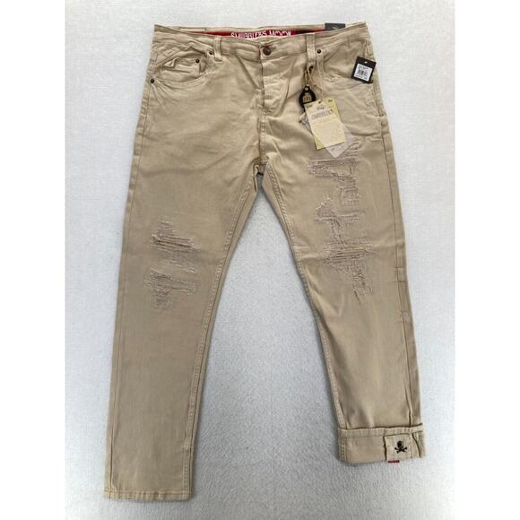 Smugglers Moon Jeans Mens‎ 42x33 Khaki Beige Denim Button Fly Roll Up Distressed - Picture 1 of 16